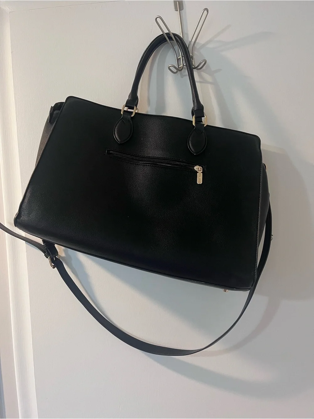 Black Leather Laptop Tote with Detachable Strap
